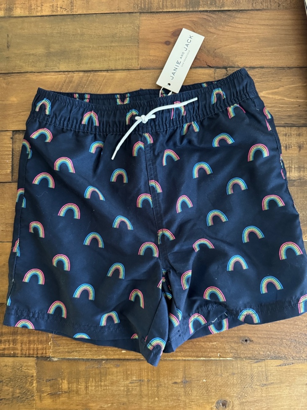Janie and Jack Navy Rainbow Print Kids Swim 7 NWT